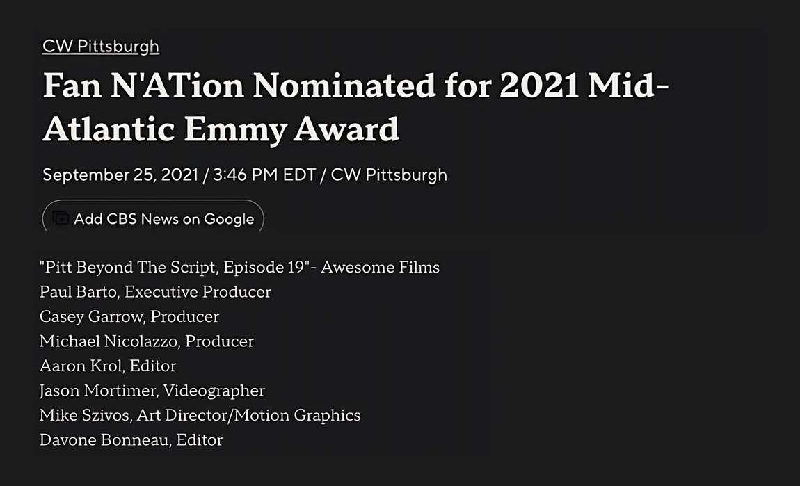 Clipping: CBS Pittsburgh article listing Davone Bonneau, Editor, on Pitt Beyond The Script, Episode 19
