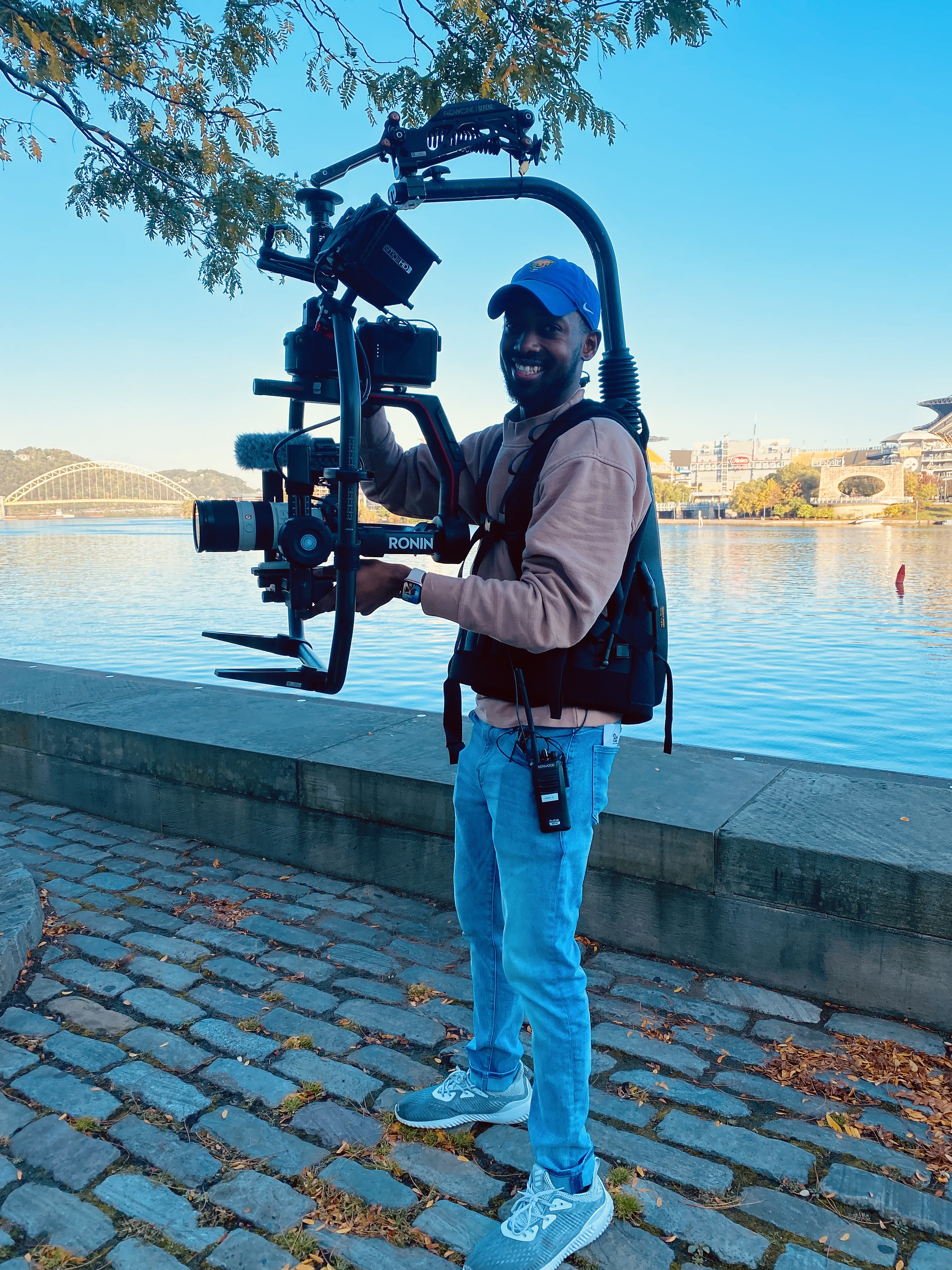 Davone on a Steadicam rig by the river in Pittsburgh