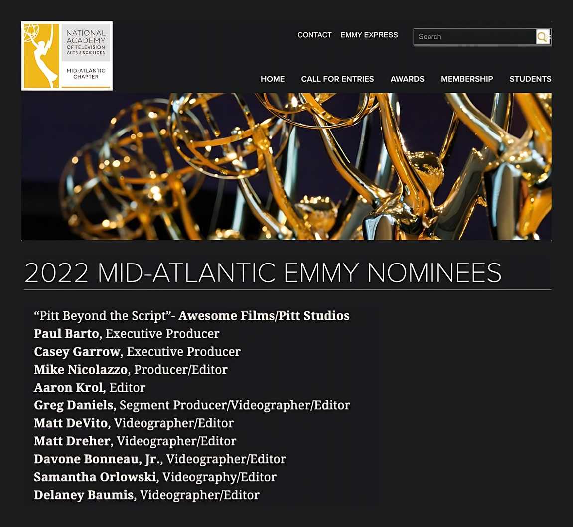 Clipping: the NATAS Mid-Atlantic 2022 nominee list crediting Davone Bonneau, Jr., Videographer/Editor, on Pitt Beyond the Script